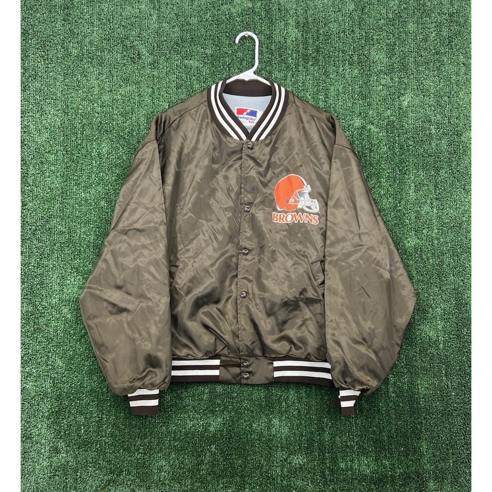 VTG Cleveland Browns Chalk Line Satin Jacket Snap Men's XXL Brown Made in USA